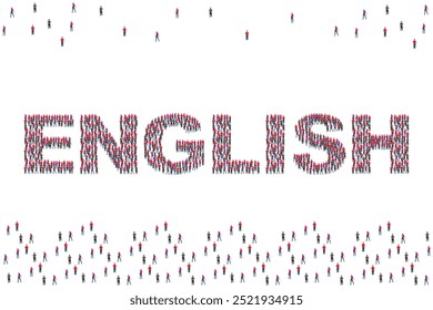 Group of people in the form of English lettering, isolated, white background.