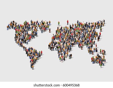 Group of people in form of world map. Globalization, population, social concept. Vector illustration