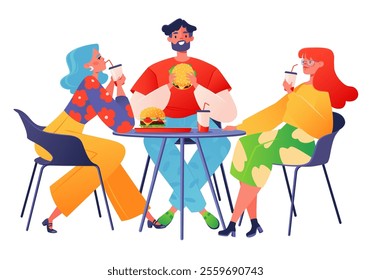 Group of people, friends, colleagues or buddies in cafe. Fun communication while eating in restaurant, catering establishment, food court in shopping mall. Young women and man eating burgers and drink