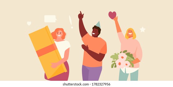 Group of People friends and colleagues celebrating a birthday. Vector characters