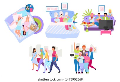 Group of people, friends flat vector illustrations set. Male and female friendship. Happy guys, girls, students spending time, weekend together cartoon characters. Young and happy best friends