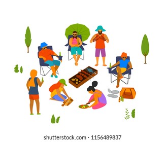 group of people, friends grilling making barbeque, cooking preparing food outdoor vector illustration isolated scene