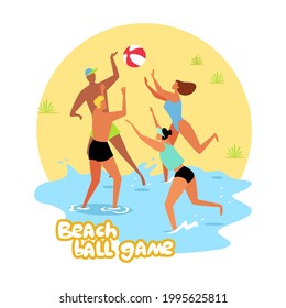 A group of people, friends play ball on the beach, active games on vacation. Vector flat illustration isolated on white background.