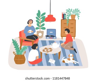 Group of people or friends sitting in comfy apartment furnished in Scandinavian hygge style and talking to each other. Friendly meeting at home. Colored vector illustration in flat cartoon style.