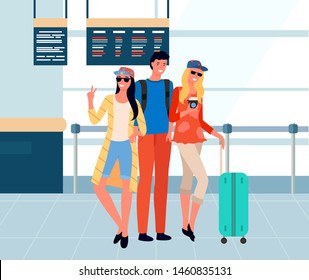 Group of people friends standing in airport, female photographing in mirror. Man and woman posing with baggage in departure lounge, traveler vector. Family travel. Flat cartoon