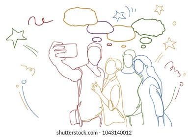 Group Of People Friends Taking Selfie Photo Doodle Men And Women Make Self Portrait On Smart Phone Embracing Vector Illustration