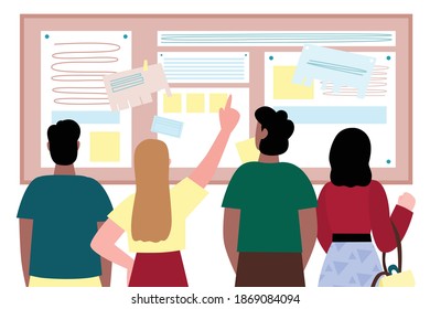 A group of people in front of note board makes plan or checks schedule, cartoon vector illustration isolated on white background. Planning and organizing tasks on board.