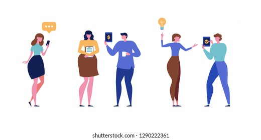 A group of people with gadgets in their hands talking. Simple flat vector isolated on white bacground. Illustration for web site, application or presentation