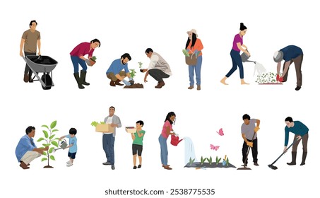 Group of people gardening vector illustrations