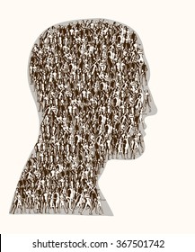 Group of people gathered together in the shape of a head.