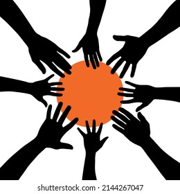 Group of people gathering hands with orange circle on the center as sun, vector silhouette, with copy space, concept of friendship, team, together and diversity, top view hand gathering silhouette