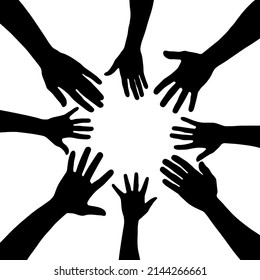 Group of people gathering hands vector silhouette, with copy space, concept of friendship, team, together and diversity, top view hand gathering silhouette, black color isolated on white background