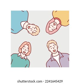 Group of people gathering together. Looking down. Hand drawn style vector design illustrations.