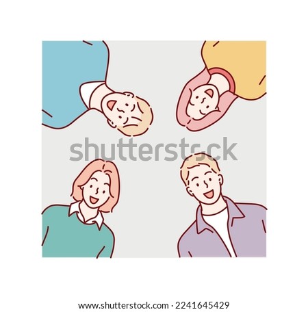 Group of people gathering together. Looking down. Hand drawn style vector design illustrations.