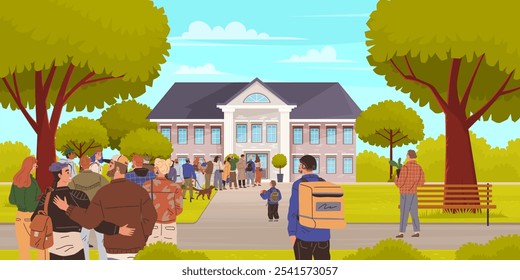 A group of people gathers in front of a large, elegant building with columns and a triangular pediment, set in a leafy park on a sunny day. Ideal for community, events, gatherings, public spaces