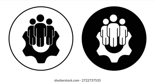 Grupo de personas con el icono del engranaje dentro del círculo negro. Equipo directivo, concepto de desarrollo de trabajo en equipo. Ilustración vectorial.