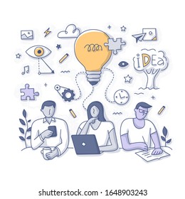 Grupo de personas genera nuevas ideas y soluciones. Lluvia de ideas, mirando un problema desde un ángulo diferente. Concepto de creatividad para sitios web, aplicaciones o materiales impresos en portada vectorial de Doodle