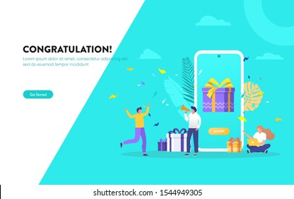 Group of people get online reward vector illustration concept, happy people get a present, digital referral, 
can use for, landing page, template, ui, web, homepage, poster, banner, flyer