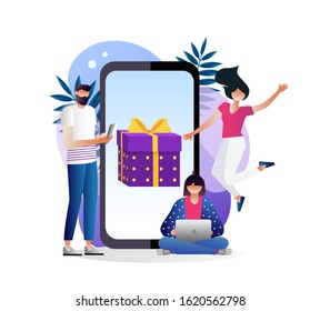 Group of people get online reward vector illustration concept, happy people get a present, digital referral, can use for, landing page, template, ui, web, homepage, poster, banner, flyer