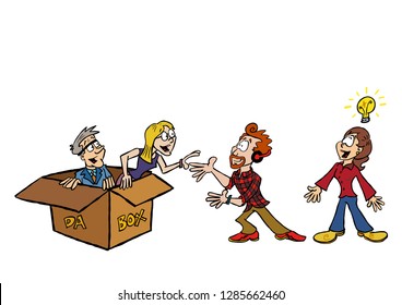 A group of people getting out of a box and being able to innovate