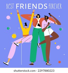 The group of people, girls, girlfriends, teenagers or women and phrase BEST FRIENDS FOREVER. They are fun and celebration HAPPY FRIENDSHIP DAY. 