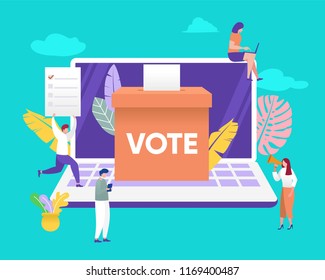 Group Of People Give Online Vote And Putting Papper Vote In To The Ballot Box Vector Illustration Concept, Can Be Use For, Landing Page, Web, Ui, Banner, Flyer, Poster, Template, Background,