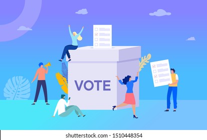 group of people give online vote and putting papper vote in to the ballot box vector illustration concept, can be use for, landing page, web, ui, banner, flyer, poster, template, background,