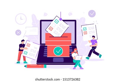 Group of people give online vote and putting paper vote in to the ballot box. Democracy.Vector illustration concept, can be use for, landing page, web, ui, banner, flyer, poster, template, background.