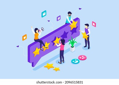 Group of people gives stars ratings. Customer review concept, positive feedback, and evaluation for a product or service. Customer experience and satisfaction. Isometric Vector Illustration