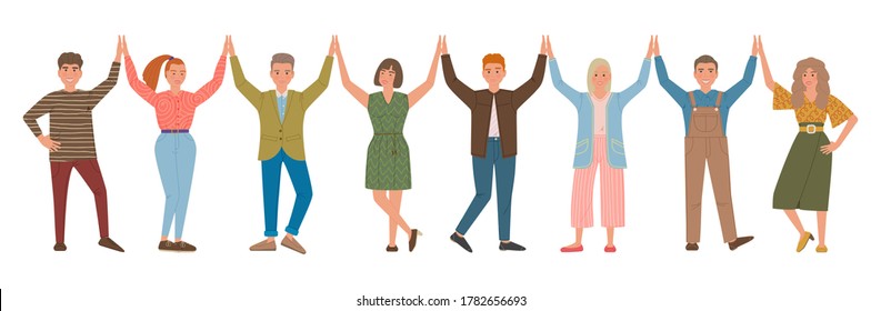 Group of people giving high five each other. Happy smiling men and women. Vector illustration of cartoon characters isolated on white background.