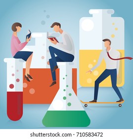 group of people and glassware for chemical vector illustration