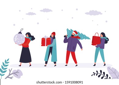 Group of people is going to celebrate Christmas or New Year. Various characters with gifts,shopping bags and christmas ball. Humans celebrating holiday. Funny background. Vector illustration