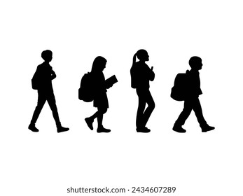 Group of People going to school silhouette isolated white background. Vector Illustration