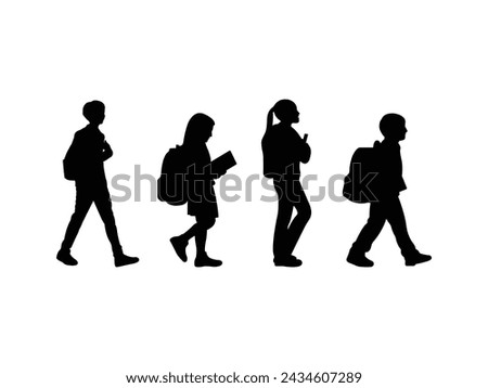 Group of People going to school silhouette isolated white background. Vector Illustration