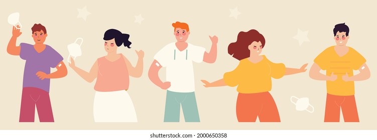 Group Of People Got The Injection And Announce The End Of The Epidemic And Quarantine. Men And Women Dance And Take Off Their Masks To Celebrate The Victory Over The Pandemic. Vector Illustration.