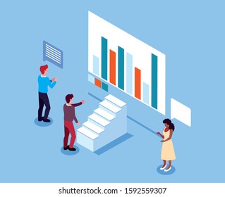 group of people with graphs in front, business working processes and brainstorming vector illustration design