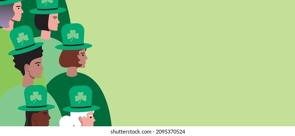 Group of people in green, copy space template. Flat vector stock illustration. Saint patrick's day for overlay. People and weekends. Green color. Illustration with place for text for design