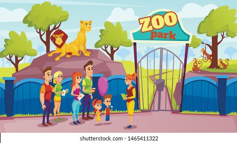 Group People and Guide at Zoo Gate. Animals in Aviary. Vector illustration. Excursion Zoo. Sunny Day. People and Animal in Captivity. Lions Sitting on Stone Behind Fence. Family with Children.