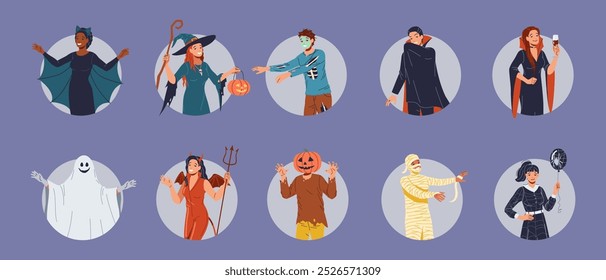 Group of people in Halloween costumes shows spooky gestures flat color vector illustration set. Cheerful woman and man ready for carnival