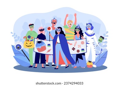 Group of people in Halloween costumes vector illustration. Cartoon drawing of people holding banner with sweet treats, men and women in masks. Halloween, celebration, creativity concept