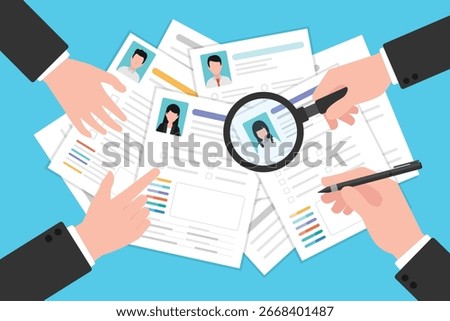 Group of people hand searching for candidate resume cv paper on the table, Top view of document paper sheet finding with magnifying glass.