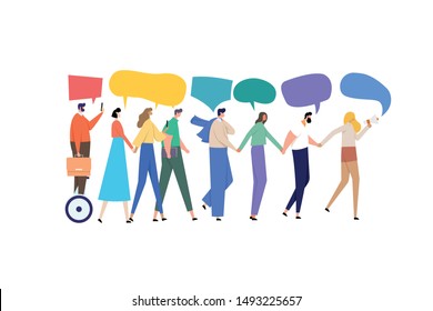 group of people hand in hand walking and talking among themselves. Modern vector illustration.