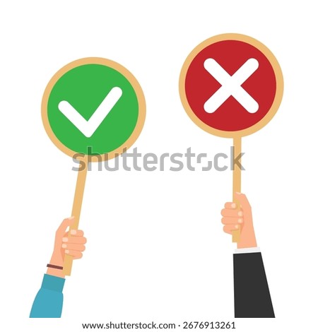Group of people hands holding placards with green check mark and red X mark sign, positive and negative choice. People giving different feedback, vote. Opposite opinion. Right and wrong. Vector