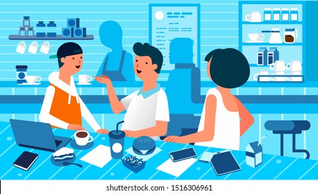group of people hang in cafe while chat and eating. discussion with friend, working, talking and eating and drink vector illustration. flat style design. 