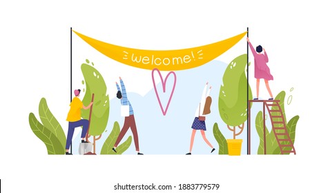 Group Of People Hanging Welcome Banner And Happy Visitors Coming To Open Air Event. Man And Woman Decorating Park Entrance Isolated On White. Vector Illustration In Flat Cartoon Style