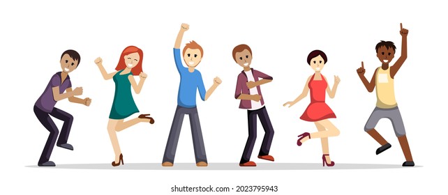 Group of people happily dancing illustration. Cheerful young women and men jump up and clap their hands an gala party birthday celebration and relaxation in music club. Vector cartoon fun.