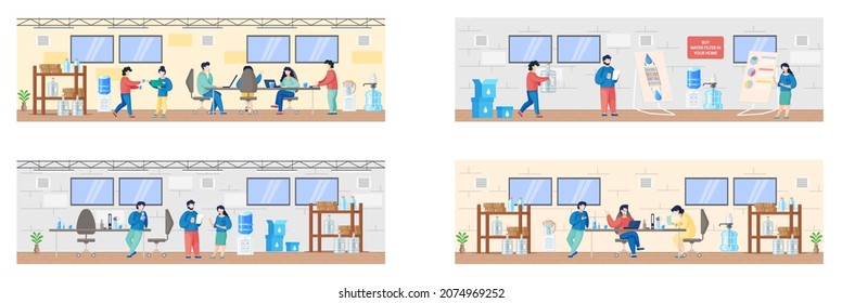 Group of people have conversation and drink water in office scenes set. Team of managers prepare presentations on water filtration. Business people drink filtered water during discussion on meeting