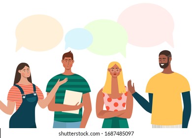 Group of people have a discussion about latest world news. Men and women with speech bubbles are talking. Flat vector characters standing together and chatting.