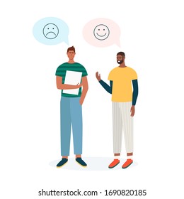 Group of people have a discussion about latest world news. Men with speech bubbles are talking. Flat vector characters standing together and chatting.