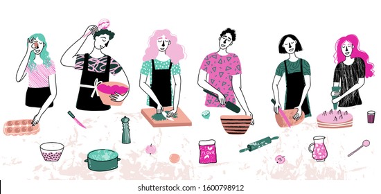 Group of people havig quality time, cooking together. Cooking class, workshop about different dishes. People preparing food, colorful vector illustration.